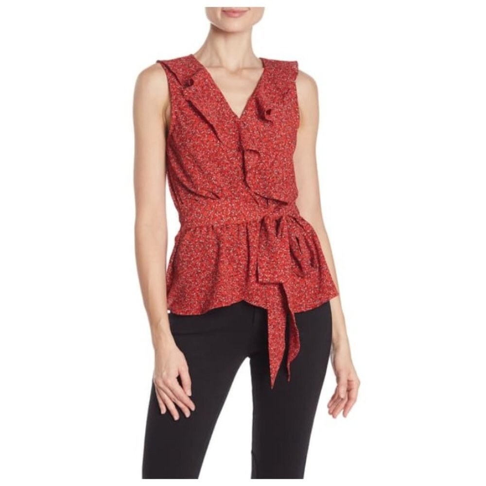 Max Studio Red Floral Ruffle Sleeveless Tie Waist Blouse Top